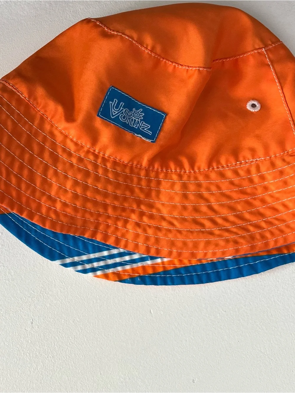 UV Skinz Swim Set size 3T (? ) Board Shorts & Hat Orange/blue/white  Striped.
